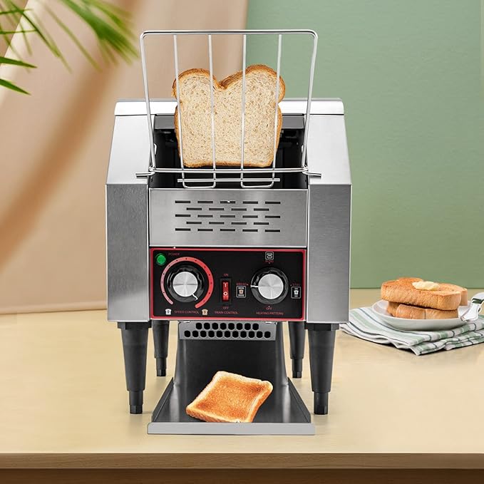 Commercial Conveyor Toaster 1300W, 150 Slices/Hour Stainless Steel Bread Oven with Dual Temp Control & Double Chutes - 7-Speed Adjustable