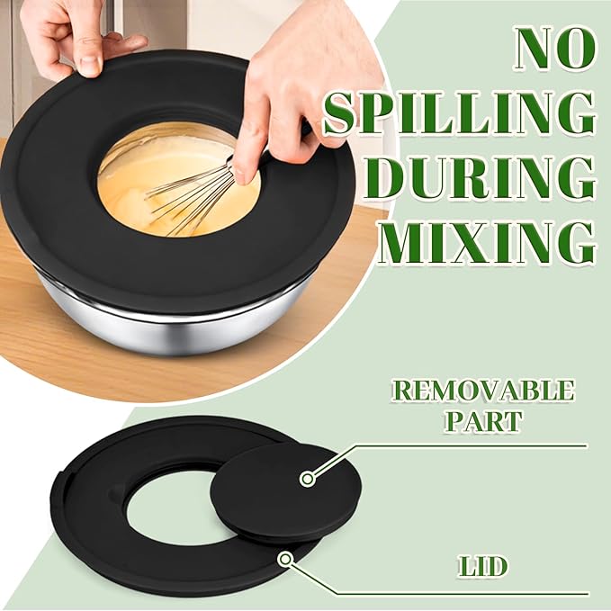 8PCS Mixing Bowls with Lids Set - 5 Nesting Mixing Bowls, 3 Grater Attachments, Lids, Stainless Steel Mixing Bowls for Mixing & Serving, Size 1.5/2.1/3.5/4/4.5 QT, Black