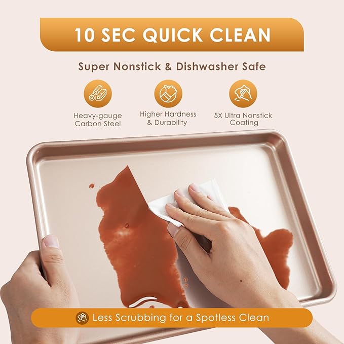 Baking Sheet Pan Set of 3, Commercial Cookie Sheets for Baking, Nonstick Half/Quarter/Jelly Roll Pans Replacement Toaster Oven Tray, Heavy Duty & Easy Clean, Rose Gold