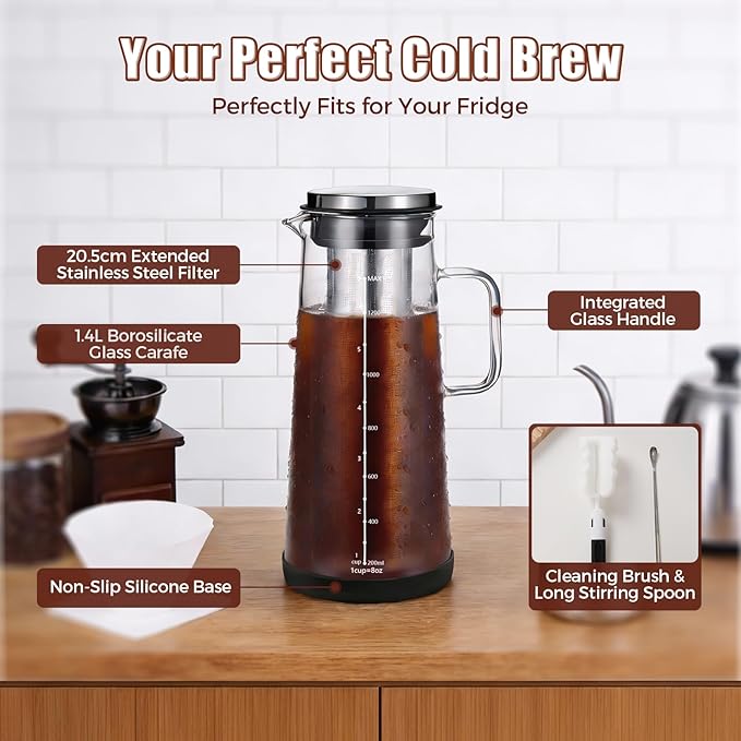 Cold Brew Coffee Maker 1.4L/48oz with Extended Filter & 2 Pcs Stainless Steel Espresso Cup (White), Coffee Brewing Set with Cleaning Brush, Stirring Spoon & 3.4oz/100ml Dual Scale Measuring Cup