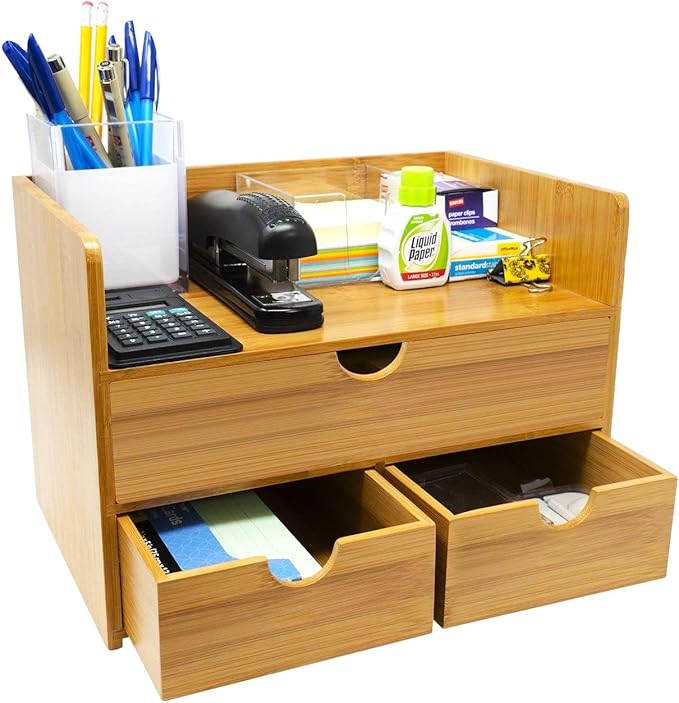 Sorbus Bamboo Desk Organizer - 3-Tier 100% Bamboo Desktop Organizers – Mini Bamboo Desk Drawer Tabletop Storage Box Countertop Organization 3 Drawers & Shelf - Office, Makeup Vanity, Fully Assembled