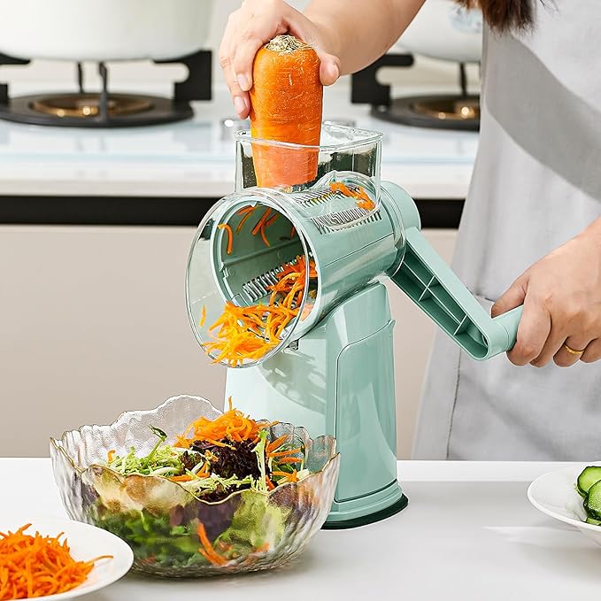 Rotary Cheese Grater Hand Crank, 5 in 1 Mandoline Vegetable Slicer - 5 Sets of Blades,Strong Suction Base&Easy to Clean - Kitchen Cheese Grater Shredder with Handle for Fruit,Vegetable,Nuts