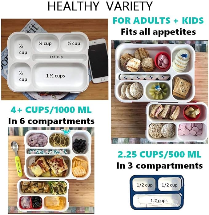 kinsho Bento Lunch-Box Set for Kids Includes Snack Container | 6 and 3 Compartment Boxes Leakproof School Bentos, Meal Portion Control Containers, Boys Girls Adults, Navy Blue Large + MINI 2 Pack Set