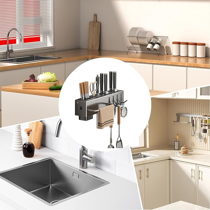 Utensil Holder – Kitchen Wall Organizer | No-Drilling Wall Mount Cutlery Storage Rack With Hooks, Towel Hanger For Spatula, Spoon, Mug & Kitchen Accessories Organization And Space Saving