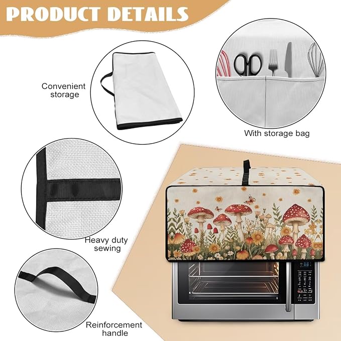 Air Fryer Toaster Oven Cover Fabric Convection Oven Cover with Pockets, Washable Small Appliance Dust Protection for Kitchen Home, S, 14.5 x 18.5 x 9 Inches, Mushroom Floral
