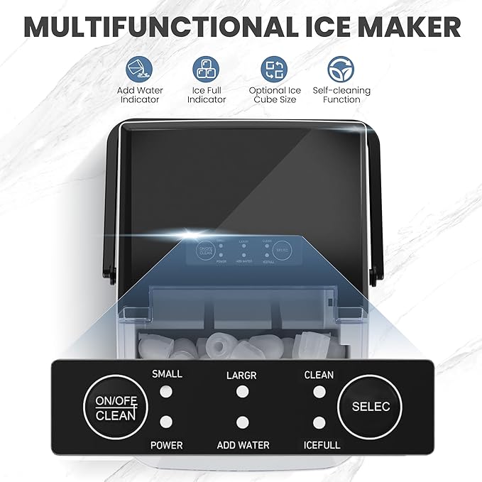 DUMOS Countertop Ice Maker with Handle, 26lbs/24H Portable Ice Machine, 9 Bullet Ice Cubes Ready in 6 Mins, Self-Cleaning, Quiet Compact Ice Maker for Home, Kitchen, RV, Camping, Modern Black