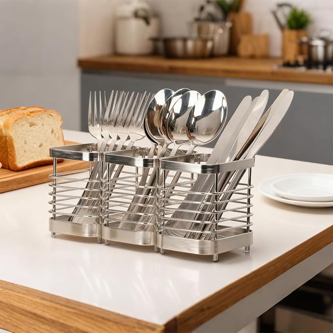 Utensil Holder, Stainless Steel Utensil Drying Rack for Kitchen Counter, Silverware Cutlery Flatware Holder Forks, Knives, Spoons, Chopsticks Organizer (Silver)