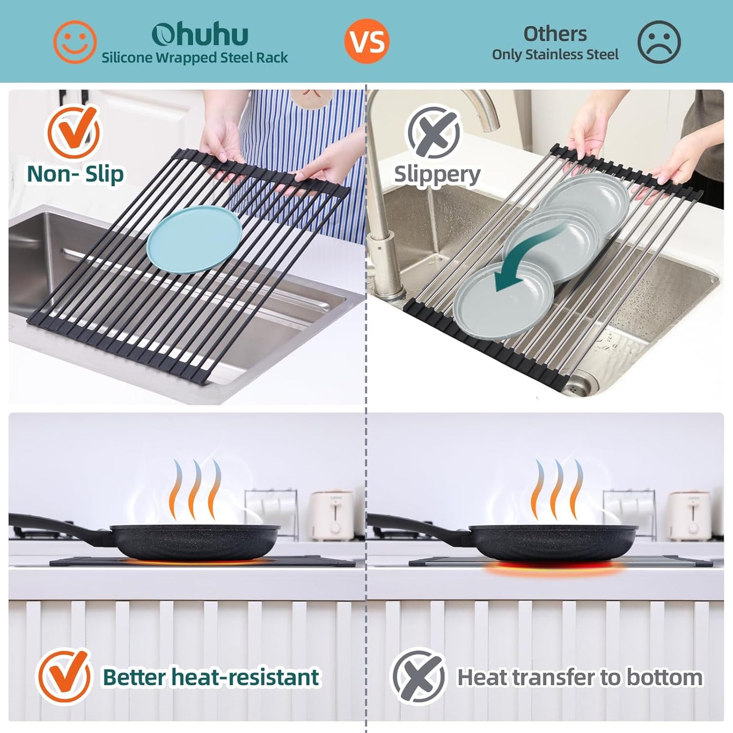 Ohuhu Roll Up Dish Racks, 16.5" L x 13" W Over The Sink Dish Drainer Drying Rack Kitchen Sink Organizer Silicone Wrapped Large in Sink Dish Drying Rack Foldable Rolling Drain Mats Anti-Slip