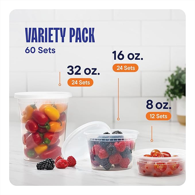 Stack Man [60-Sets] Plastic Deli Food Storage Containers with Airtight Lids Combo Set | 32 oz | 16 oz | 8 oz. | Disposable Plastic Takeout Containers for Soup - Freezer, Microwave and Dishwasher Safe
