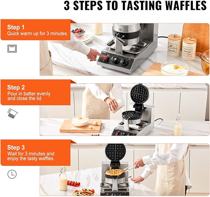 VEVOR Commercial Waffle Maker, 1 Piece per Batch, 1300W Round Waffle Iron, Non-Stick Waffle Baker Machine with 122-572℉ / 50-300℃ Temp Range Teflon-Coated Baking Pans Stainless Steel Body, 120V