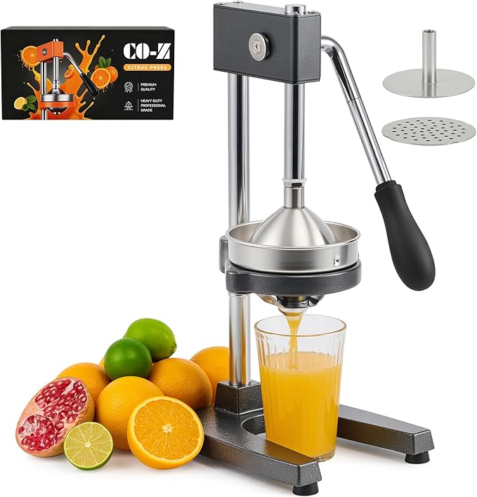 CO-Z Manual Citrus Juicer, Heavy-Duty Manual Juicer with Conical & Flat Pressure Plates, Professional Lemon Squeezer for Orange Pom Lime Lemon Juice, Dishwasher Safe Orange Juice Press, Gray