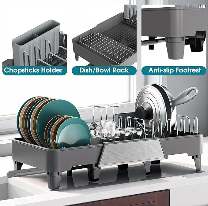 Large Expandable Dish Drying Rack, Dish Racks for Kitchen Counter, Space Saving & Rust Resistant Dish Drainer with Removable Drainboard & Utensil Holder, Adjustable Length 16.4 to 24.4 Inches