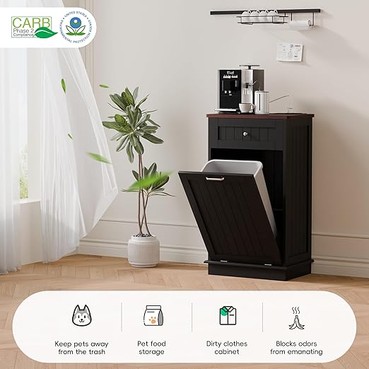 Betterhood Double Tilt Out Trash Cabinet with Power Outlet, 10 Gallon Trash Cabinet with Storage,Pet Proof Trash Can with 2 AC & USB Sockets for Kitchen,Living Room (Black, Single Door)