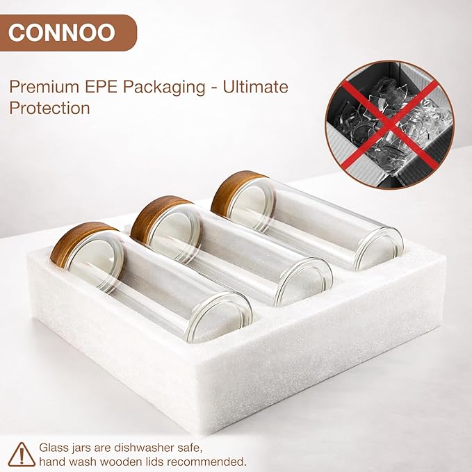 CONNOO 40oz Airtight Glass Storage Containers with Wood Lids (3-Pack) – Includes 120 Pre-Printed Waterproof White Kitchen Labels – Tall Pantry Canisters for Flour, Pasta & Cereal
