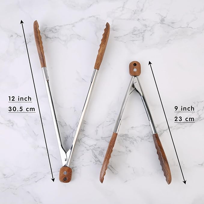 Kitchen Tongs Set - 9" & 12" Anti-Slip Long Wooden Cooking Tongs for BBQ, Grilling, Salad Tossing & Serving - Heat Resistant, Non-Stick Stainless Steel Handles with Hanging Hole