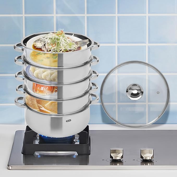 Stainless Steel Steamer Glass Lid, 5-Layer Cooking Steamer Set, Overlapping Design, ø 28cm /11 Inch, Suitable for Induction Cooktops, Electric Cooktops, Gas Cooktops
