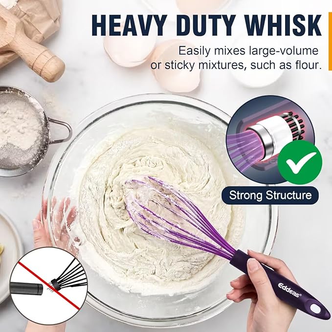 Silicone Whisk, Eddeas Whisk Non-Scratch Coated Whisks set of 3-Heat Resistant(450°F) Kitchen Wisk, Balloon Egg whisk Perfect for Blending, Whisking, Beating & Stirring, Purple