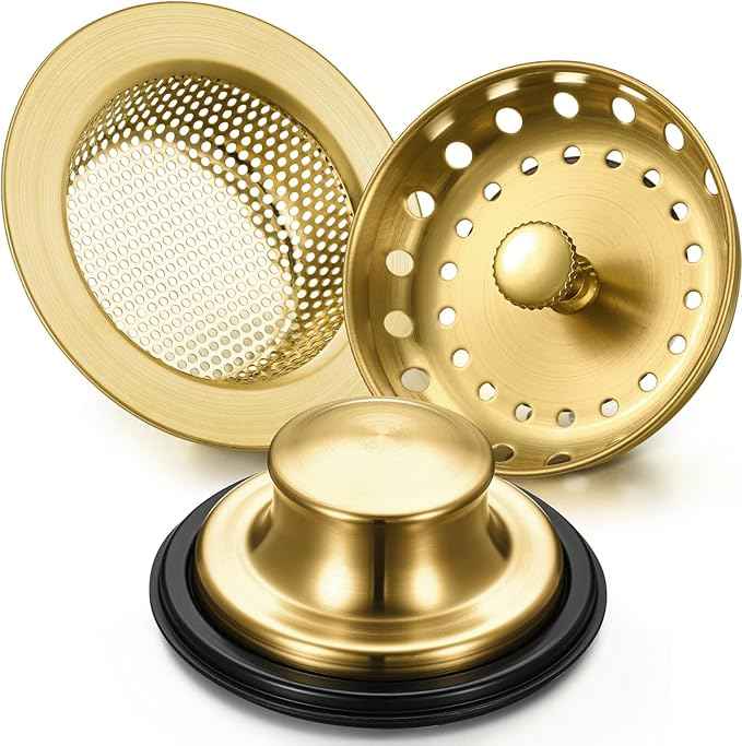 Mudder 3 Pcs Kitchen Sink Drain Strainer and Stopper Stainless Steel Garbage Disposal Plug with Handle Universal Anti-Clogging Kitchen Sink Filter Sieve Basket Strainer(Antique Gold)