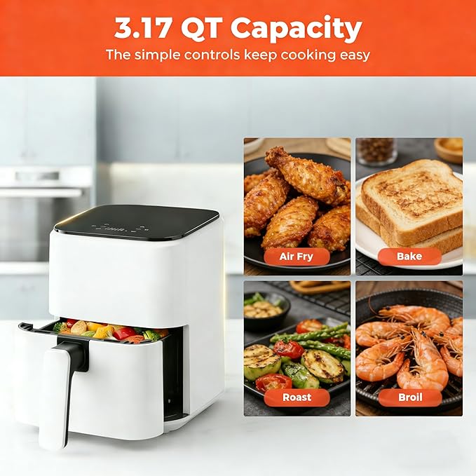 HealSmart 3.17 Qt Compact Air Fryer, 8-in-1 Digital Small AirFryer with 400°F, Nonstick Dishwasher-Safe Basket, Auto Shutoff, Overheat Protection, for Quick Healthy Meals, White