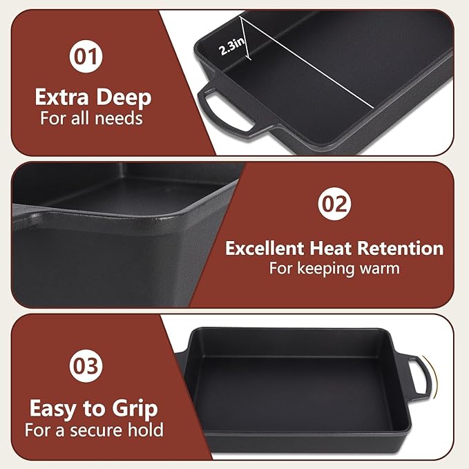 KEESHA 9x13 Inch Cast Iron Detroit Pizza Pan, Pre-Seasoned 4.8 Quart Deep Baking Dish for Casserole, Focaccia, Lasagna, Sicilian Bread, Oven & Grill Safe