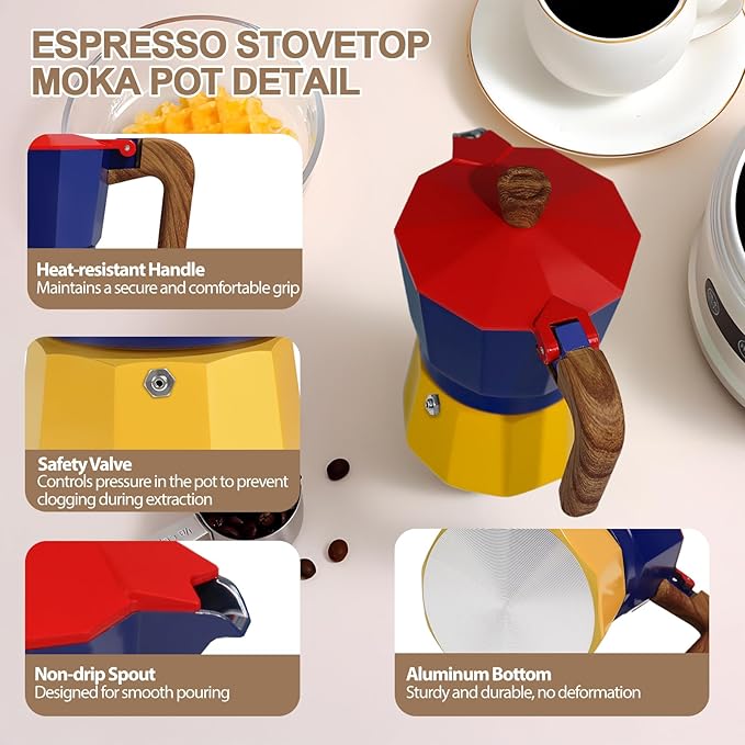 Aluminum 12 Cup 600ml Moka Pot Express Coffee Maker Stovetop Espresso Colorful Coffeemaker Italian Classic Style Brewing Greca Cafe Mocha Machine for Cafeteras Lover Camping Travel and Home Use 20oz