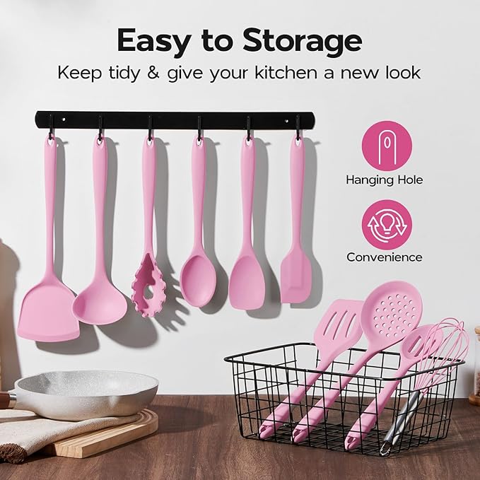 Onader Silicone Cooking Utensils Set, 10 Pieces Kitchen Utensils Set, Pink Kitchen Gadgets Tools Kit for Nonstick Cookware