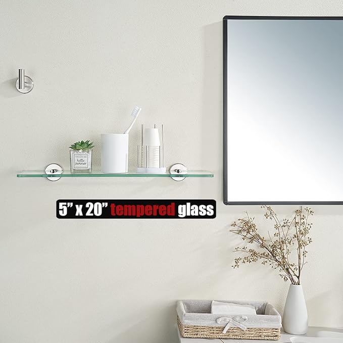 JQK Bathroom Glass Shelf, Tempered Glass Shower Storage 20 by 5 inches, 304 Stainless Steel Brushed Finish Wall Mount, 2 Pack, TGS101L20-BN-P2