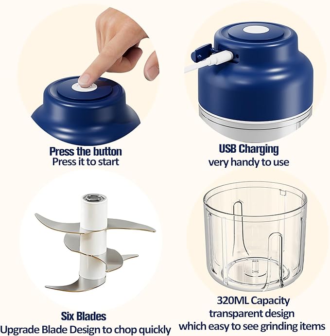 Upgrade Electric Garlic Chopper, Electric Mini Food Processor Portable Veggie Cutter Chopper, USB Rechargeable Wireless Food Chopper with 6 Blades for Mashing Garlic, Chili, Onion, Fruit, Meat Ginger