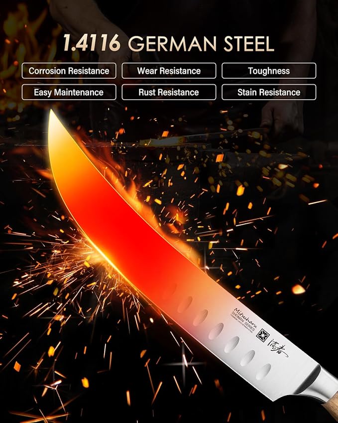 Mitsuharu 10" Butcher Knife, SHOMAN Series Curved Cimitar Breaking Knives, with Ergonomic Olive Wood Handle, German Steel Carving, Sharp Meat Slicing for Roast Ham with Case (Butcher Knife)