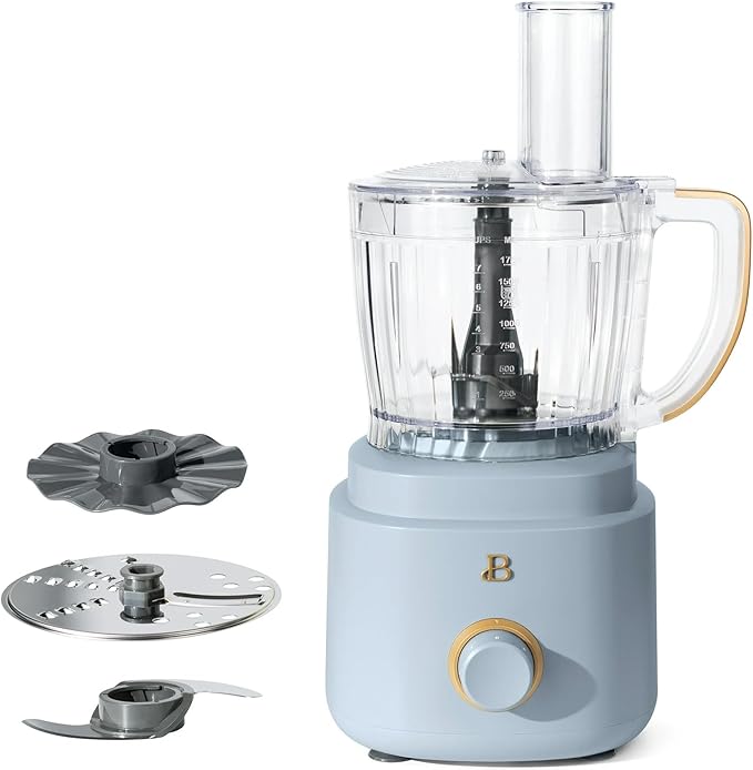 Beautiful by Drew Barrymore 10-Cup Food Processor, 500-Watts, Variable Speed, Pulse, 3" Wide Feed Tube, Stainless Steel Blades, Dishwasher Safe, Large Bowl, Accessories Included (Cornflower Blue)
