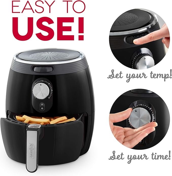 Dash Deluxe Air Fryer -Has AirCrisp® Technology - Adjustable Temperature Control & Auto Shut-Off Feature - Compact Nonstick Basket - 3 Quarts - Black
