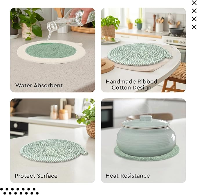 Encasa XO Round Trivet Mats for Hot Dishes with Hanging Loop | Sage Combo - Set of 6 with 7 inch Diameter | Cotton Round Thick Heat Resistant Pot Holders | Use Hot Pads Plate Mats for Hot Pots & Pans