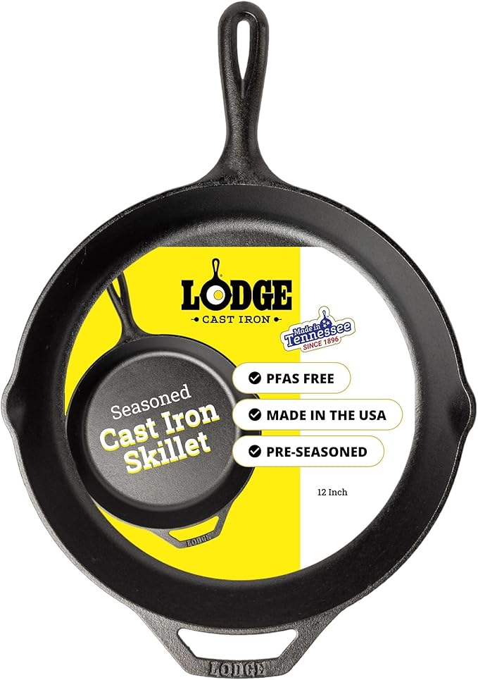 Lodge Seasoned Cast Iron Skillet - PFAS-Free, Non-Toxic Cookware - Use with an Oven, Stove, Grill, or Campfire - Naturally Non-Stick & Oven Safe - 12 Inches