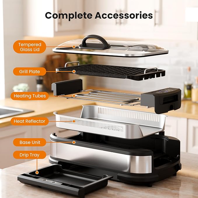 Kismile Smokeless Indoor Grill, 1500W Electric Grill Indoor with Tempered Glass Lid, Non-Stick Korean BBQ Grill with 6-Level Temp Control, Dual-Turbo Smoke Extractor, Drip Tray & Dishwasher-Safe Parts