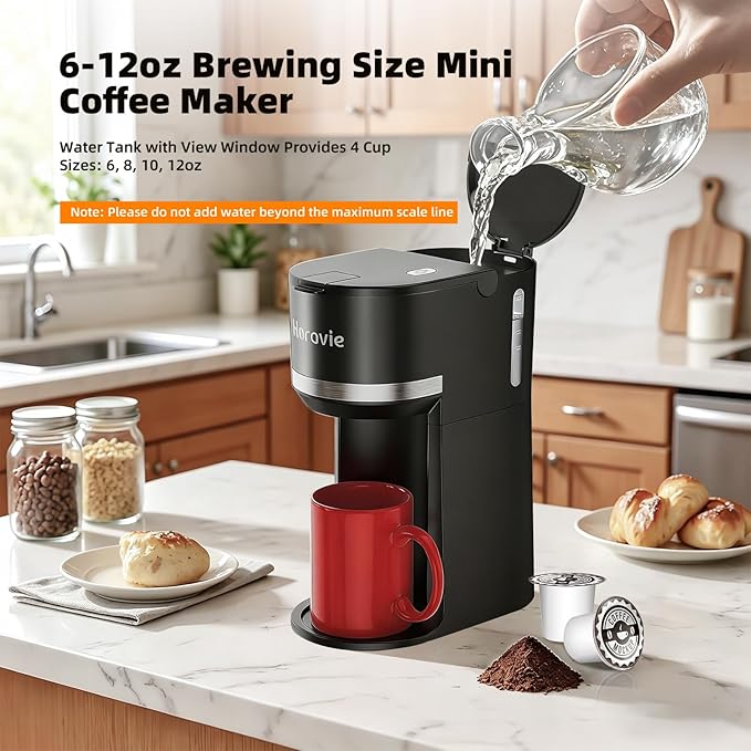 Horavie Mini Single Serve Coffee Maker for K Cup and Ground Coffee, Fast Brew One Cup Coffee Machine with Descaling Reminder and Water Window, 6 to 12 oz. Brew Sizes, Black