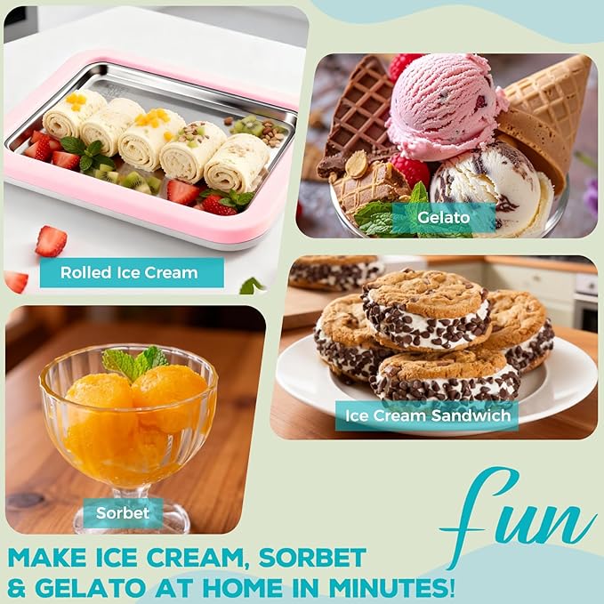 Rolled Ice Cream Maker with Quick Start Guide - DIY Instant Ice Cream Tray Kit, Includes 2 Scrapers for Manual Homemade Ice Cream Rolls, Frozen Yogurt, Sorbets & Slushies, No Electricity Needed（pink）