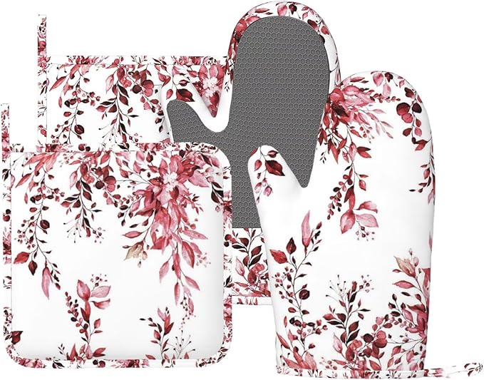 Burgundy Red Eucalyptus Oven Mitts and Pot Holders Set, 4pcs Silicone Watercolor Plant Leaves with Floral Oven Glove for Kitchen Heat Resistant Oven Mitts and Potholders Non-Slip for Cooking