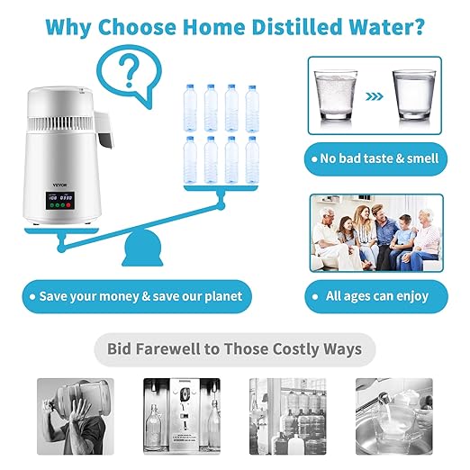 VEVOR 1.1Gal Water Distiller, 0.3Gal/H, Distilled Water Maker Machine 750W 0-99H Timing Set Temp Display, 304 Stainless Steel Countertop Distiller Plastic Carafe Cleaning Powder 3 Carbon Packs, White