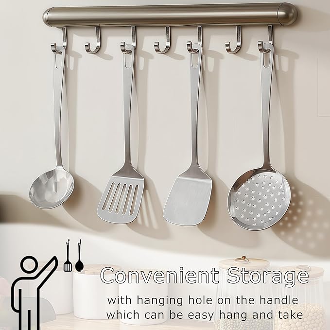 4pcs Cooking Utensils Set - Stainless Steel Kitchen Utensils, Heavy Duty Metal Kitchen Tools with Stainless Steel Spatula Solid & Slotted Turner, Ladle, Skimmer, Dishwasher Safe Easy to Clean