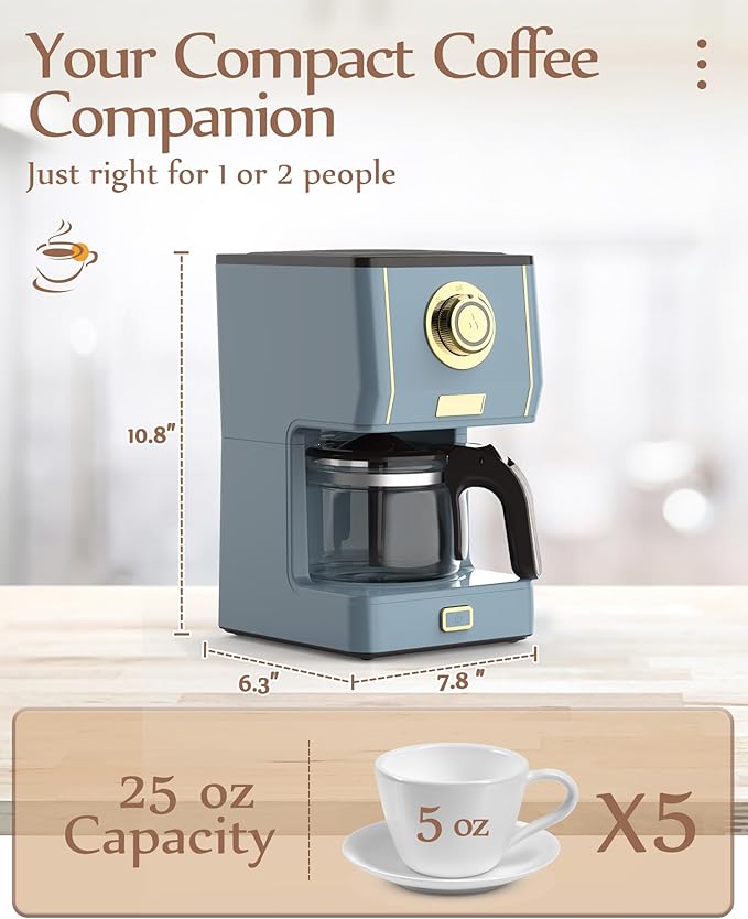 Amaste Coffee Maker, 5 Cup Coffee Pot with Three Brewing Modes, Retro Coffee Maker with Glass Carafe & Reusable Coffee Filter, Drip Coffee Maker Ideal for Home or Office, Warming Plate, Ash Blue