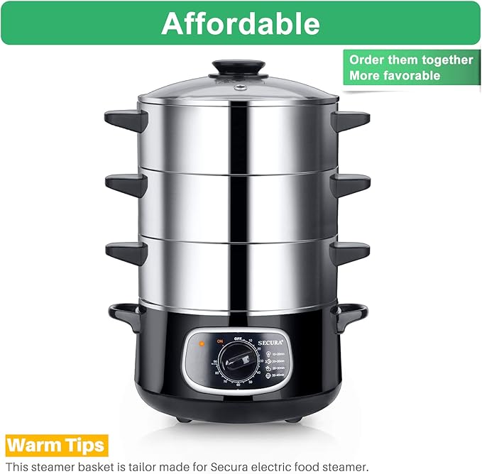 Secura Steamer Basket 304 Stainless Steel Food Steamer 1 Tier for 8.5 Quart Electric Food Steamer