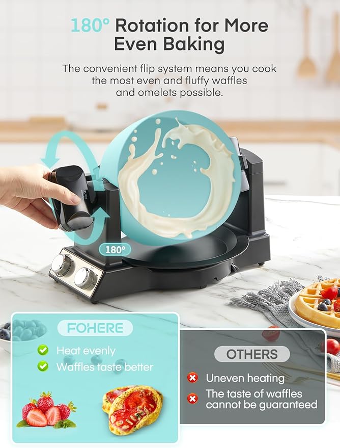 FOHERE 2-in-1 Omelette Maker&Waffle Maker, 1400W Omelet Maker 180° Flip, Adjustable Browning Control, Non-Removable & Nonstick Pans, Make Two Omelet and One Waffle at Once for Home (Mint Green)