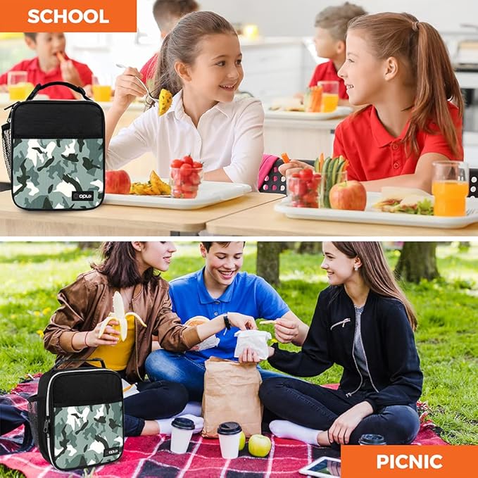 opux Premium Insulated Lunch Box, Soft School Lunch Bag for Kids Boys Girls, Leakproof Small Lunch Pail Men Women Work, Reusable Compact Cooler Tote Lunchbox for Office Adult, Camo Blue