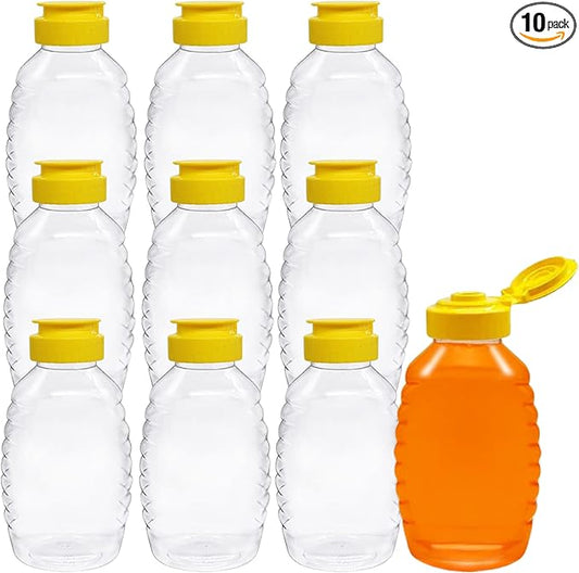 Skywin TidyFriend Honey Bottles 32 oz – 10 Pack Empty Honey Squeeze Bottle with Flip Lid & Seal, Clear Plastic Beehive Design, PET Containers