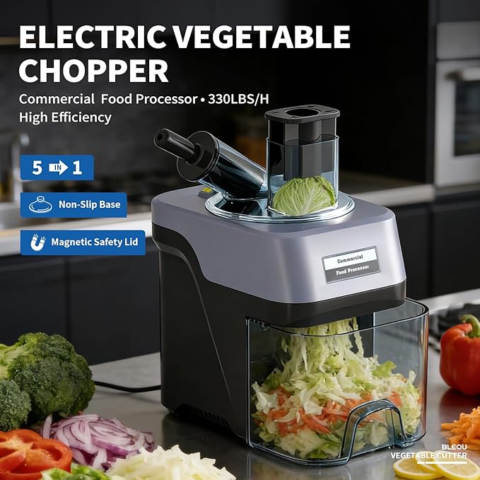 BLEOU 5-in-1 Electric Vegetable Chopper, 330LBS/H Commercial Food Processor Veggie Dicer Slicer with Magnetic Safety Lid, Non-Slip Base & Stainless Steel Blades for Restaurant Home Kitchen