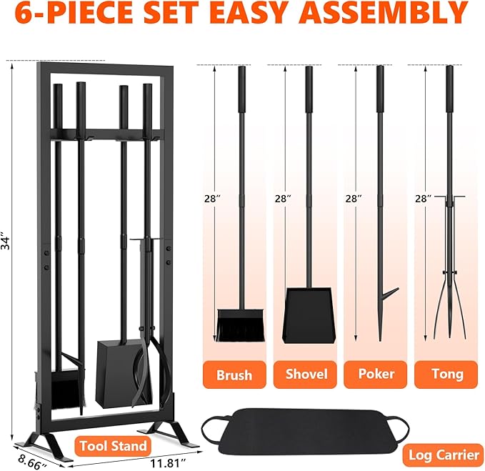 6 Pcs Fireplace Tools Set with Log Carrier, HXJLJY 34" Fireplace Accessories Sturdy Fire Tool Set Holder with Fire Poker Brush Shovel Tong Stand for Indoor Fireplace Outdoor Fire Pit Wood Stove,Square