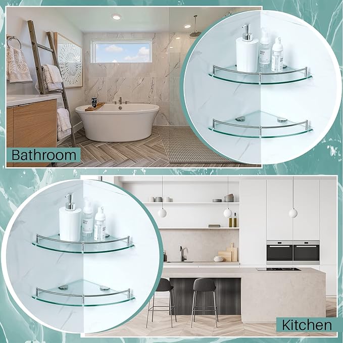 Crowye 2 Pcs Corner Shower Shelf 2-tier Glass Corner Shelf Stainless Steel Wall Mounted Bathroom Organizer for Storing Shower Gel Shampoo Brush, 9.25 Inches (Silver)