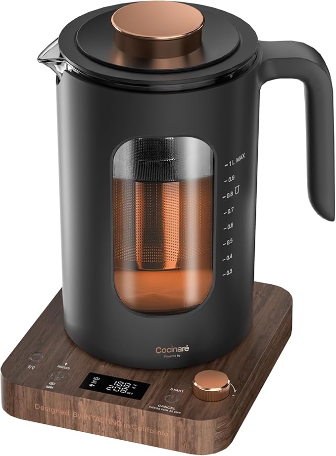 INTASTING Electric Tea Kettle, Electric Kettle with Tea Infuser, ±1℉ Knob Temperature Control, BPA-Free Glass, 1200W Fast Heating, Easy to Clean, 1 Liter (Wood)