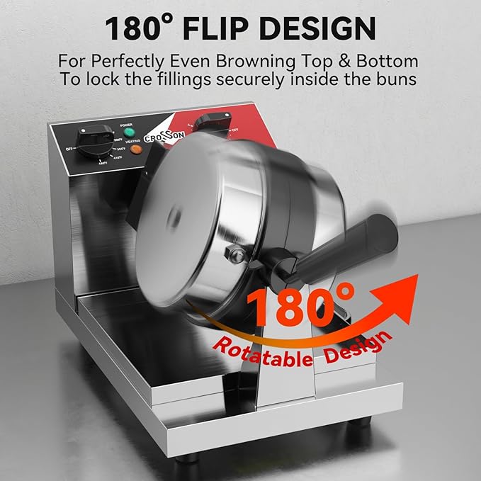 CROSSON Ice Cream UFO Burger Maker, Commercial Electric Burger Waffle Maker Sandwich Machine Rotating 180°Non-Stick Plate Machine/Adjustable Temperature and Timer for Restaurant Bakeries 120V/1300W