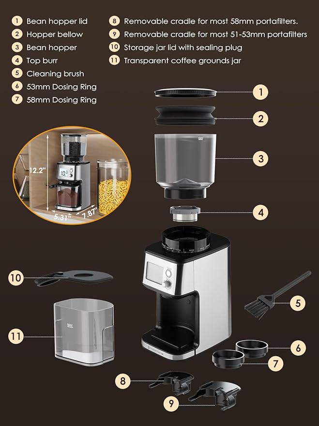 Homtone Commercial Conical Burr Grinder, 51-Setting Electric Espresso Grinder for 51-58mm Portafilters with Timer, Anti-Static, Low Noise for Cafe Home
